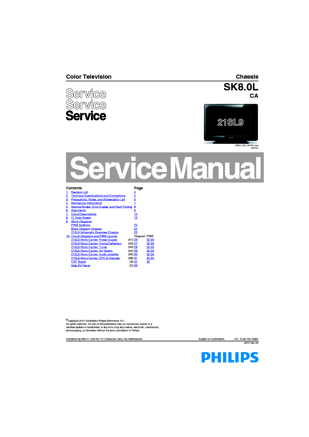 PHILIPS SK8.0L CA CHASSIS TV SM service manual (1st page)