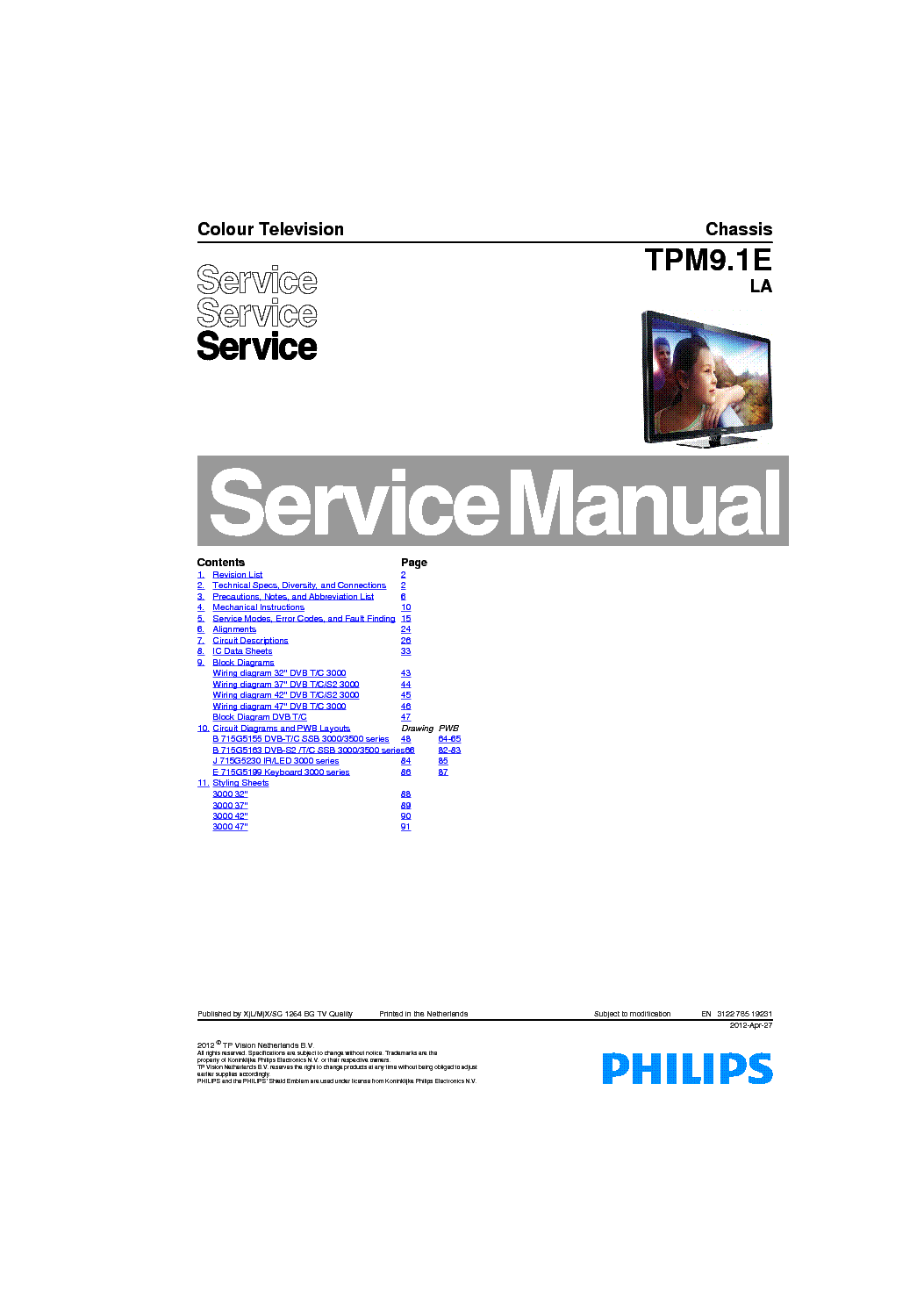 PHILIPS TPM9.1ELA 42PFL3007H 312278519231 service manual (1st page)