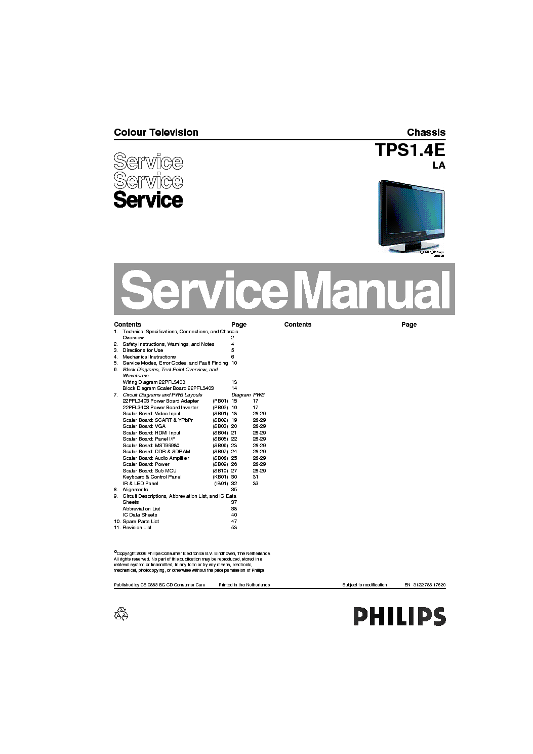 PHILIPS TPS1.4E-LA CHASSIS SM service manual (1st page)