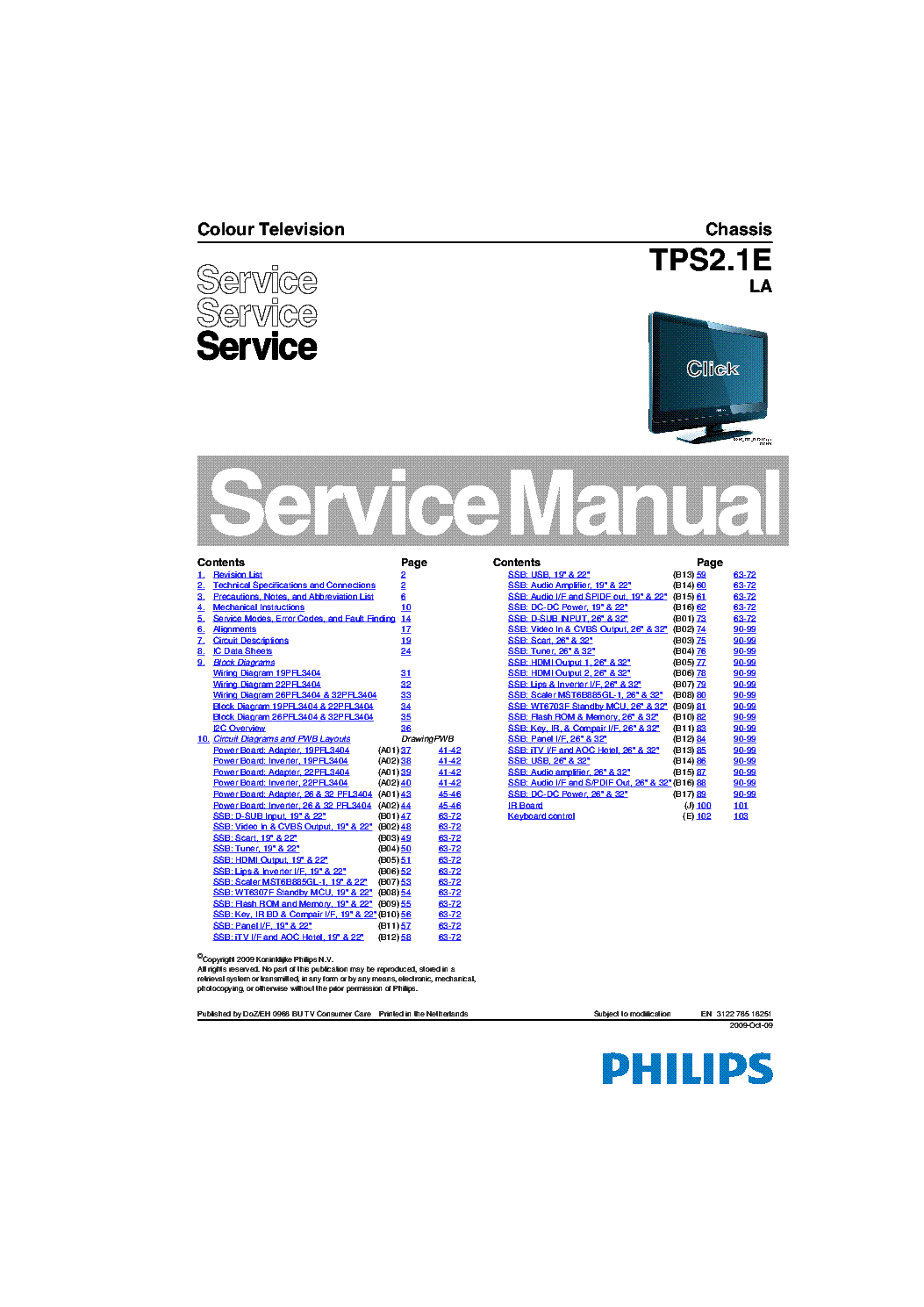 PHILIPS TPS2.1ELA 312278518251 091009 19-22-26-32PFL3404 service manual (1st page)