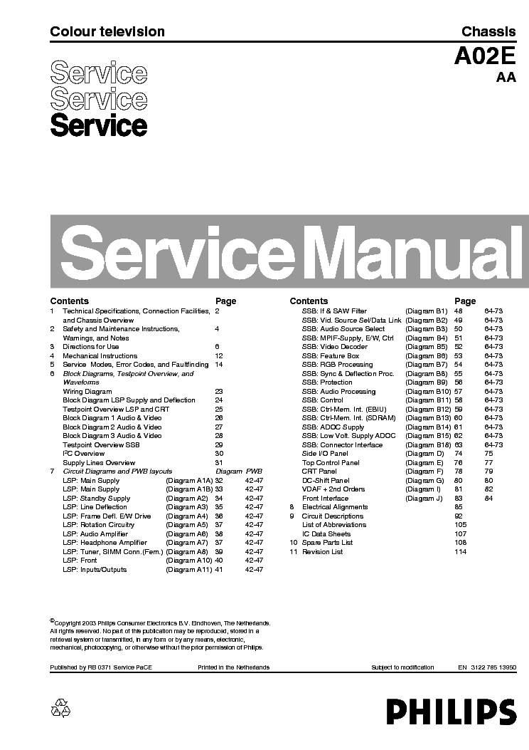 PHILIPS TV CH A02E AA SERVICE MANUAL service manual (1st page)