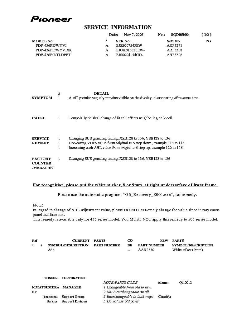 PIONEER PDP-436 SQD05006 SERVICE INFO service manual