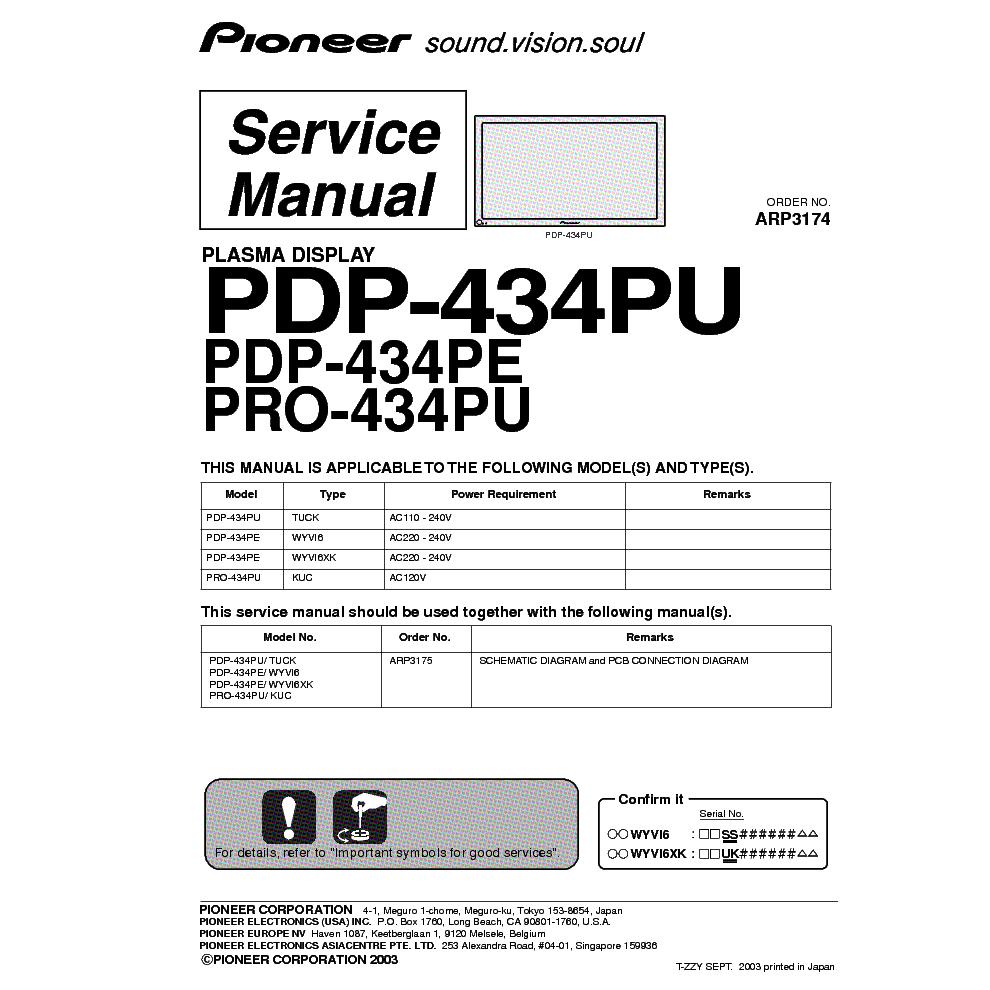 PIONEER PDP434P PLASMA TV SM service manual