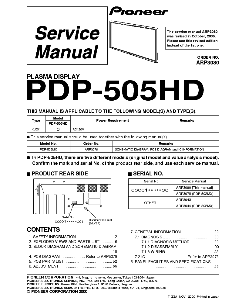 PIONEER PDP505HD PLASMA service manual (1st page)
