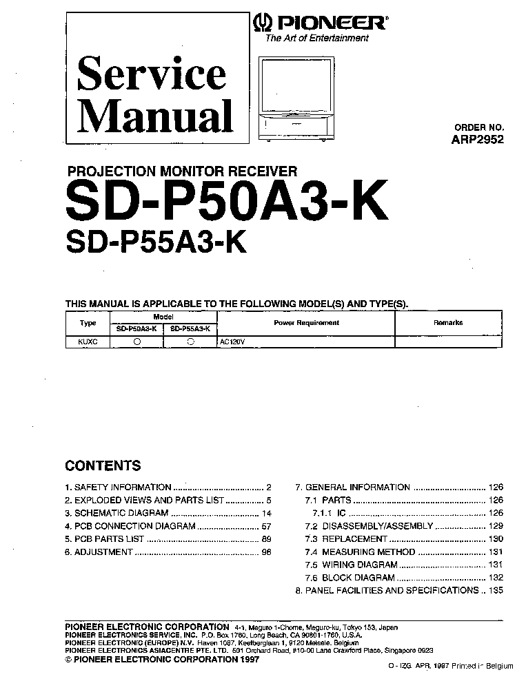 PIONEER SD-P50A3 PROJECTION TV service manual (1st page)