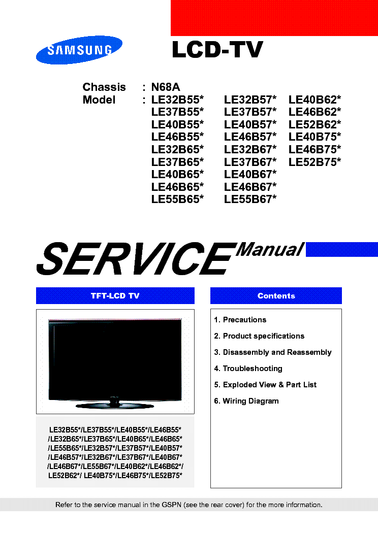 SAMSUNG CHASSIS N68A LE32,37,40,46,52B750 B550 B570 B620 B650 B670 service manual (1st page)