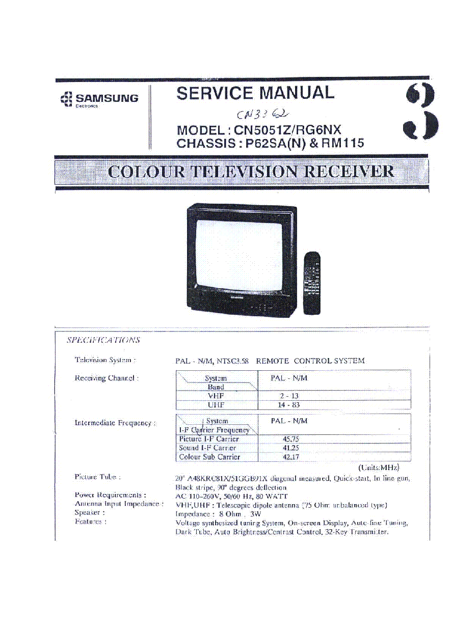 SAMSUNG CN3362 CN5051Z RG6NX CHASSIS P62SA-N RM115 SCH service manual