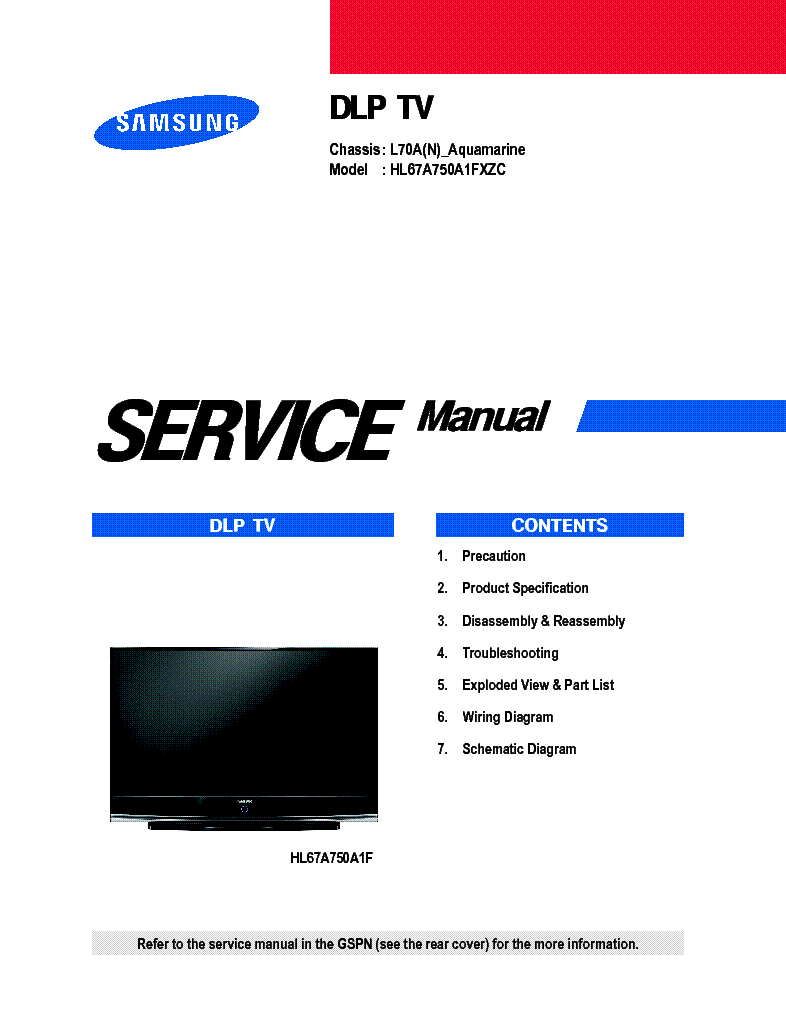 SAMSUNG HL67A750A1FXZC CHASSIS L70A AQUAMARINE DLP TV service manual (1st page)