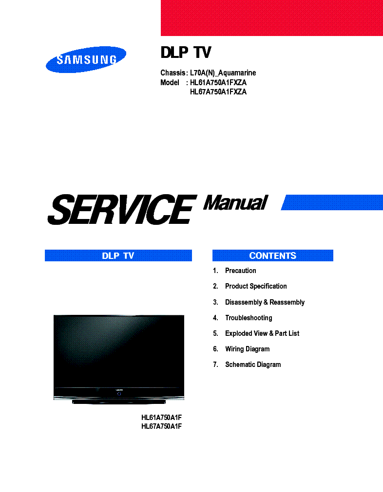 SAMSUNG HL67A750A1FXZC CHASSIS L70A AQUAMARINE SM service manual (1st page)