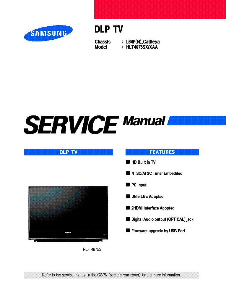 SAMSUNG HLT4675S Service Manual download, schematics, eeprom, repair ...