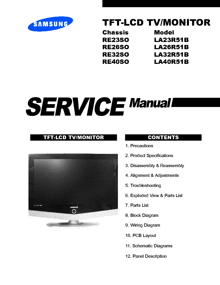 SAMSUNG LA23 26 32 40R51B CHASSIS RE23 26 32 40SO service manual (1st page)