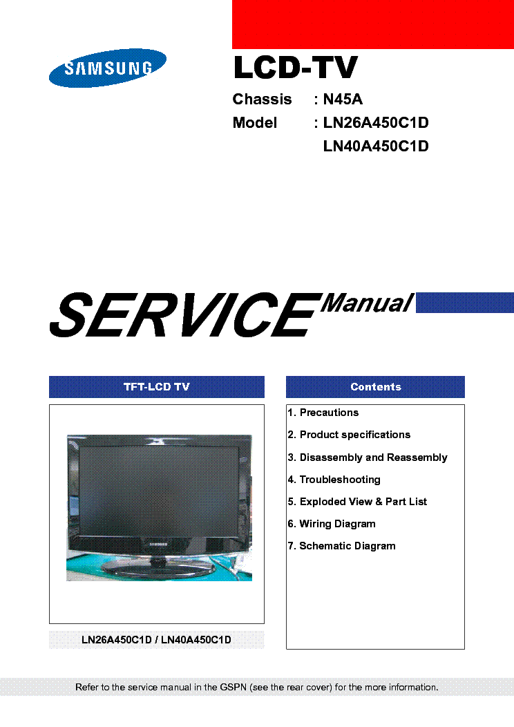 SAMSUNG LN26A450C1D LN40A450C1D CHASSIS N45A 109PAGE service manual (1st page)