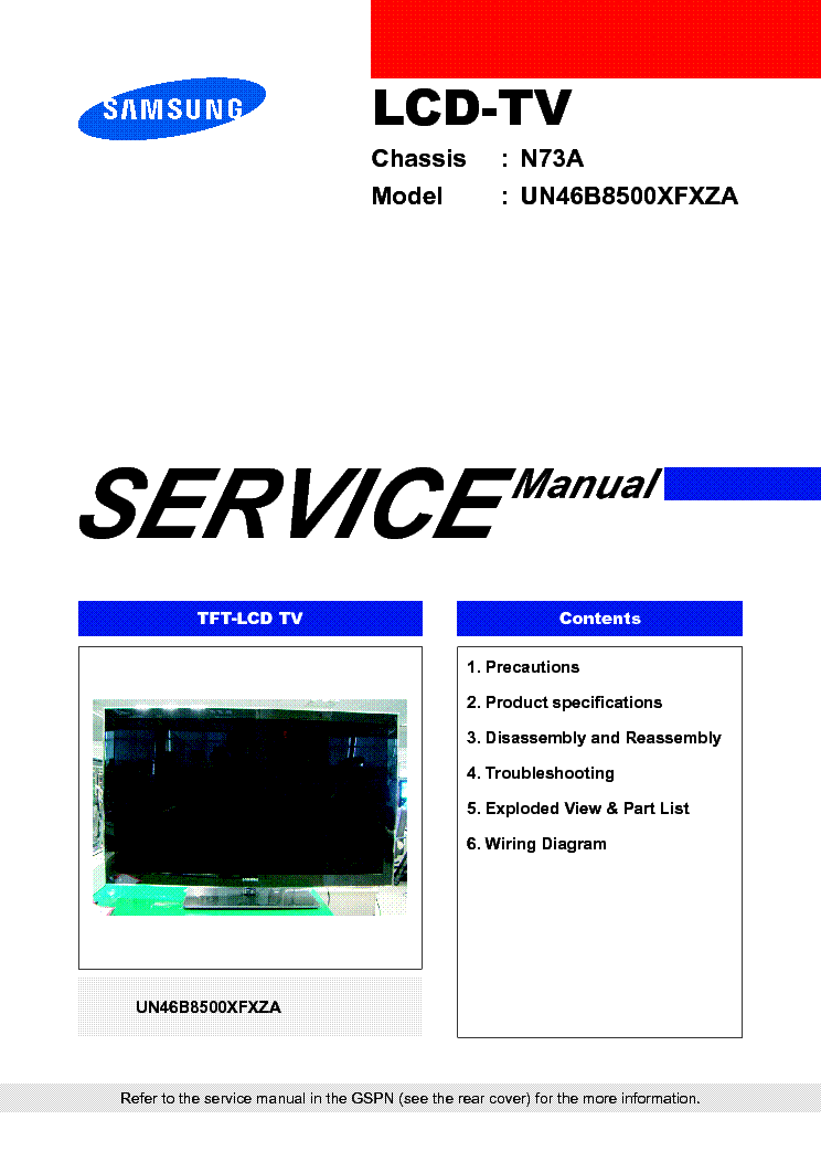 SAMSUNG N73A UB9Z CHASSIS UN46B8500XFXZA LCD TV SM service manual (1st page)