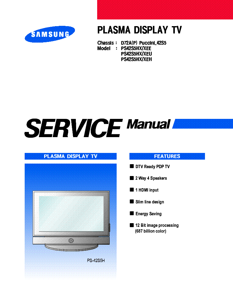 SAMSUNG PS42S5HX-XEE PS42S5HX-XEU PS42S5HX-XEH CHASSIS D72A PUCCINI 42S5 service manual (1st page)