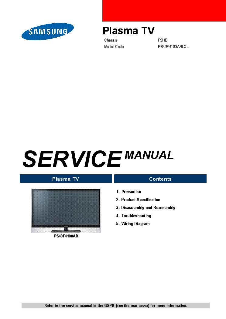 SAMSUNG PS43F4100ARLXL CHASSIS F5HB Service Manual download, schematics ...