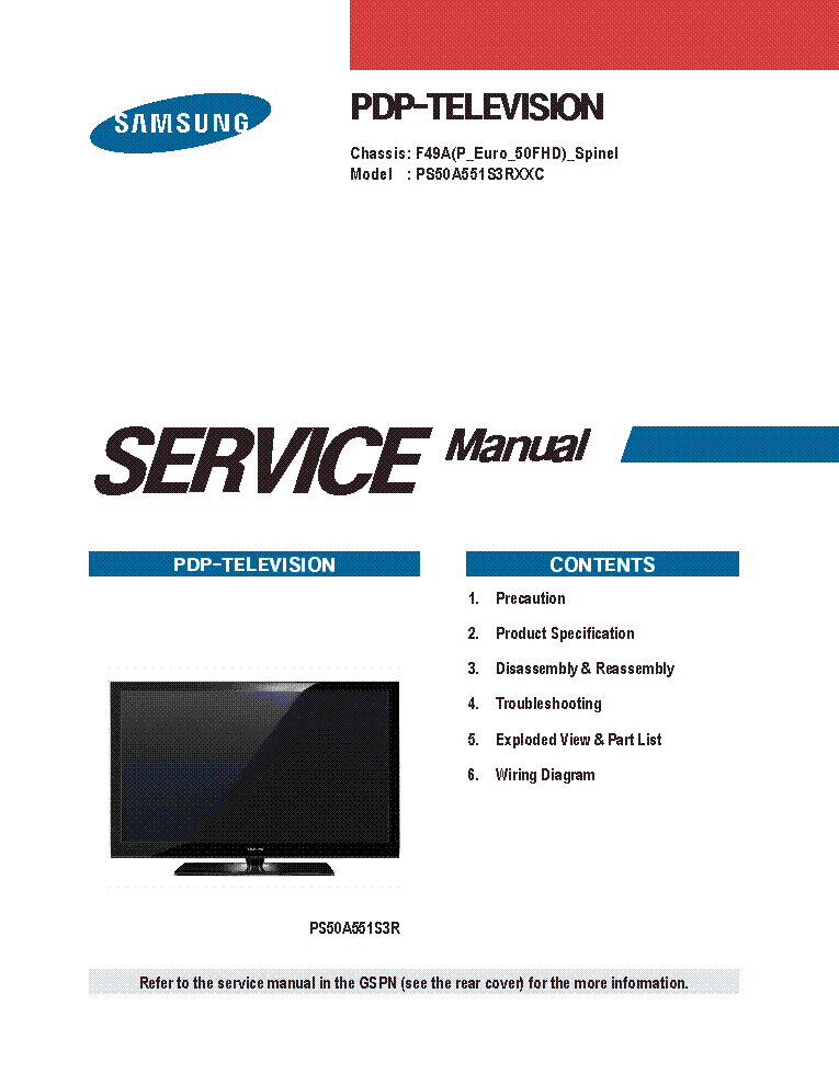 SAMSUNG PS50A551S3RXXC CHASSIS F49A SPINEL PDP TV Service Manual ...