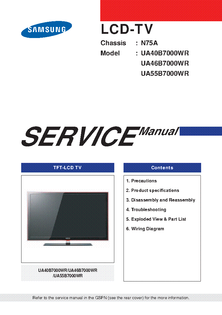 SAMSUNG UA40B7000 UA46B7000 UA55B7000WRXXV CHASSIS N75A service manual (1st page)