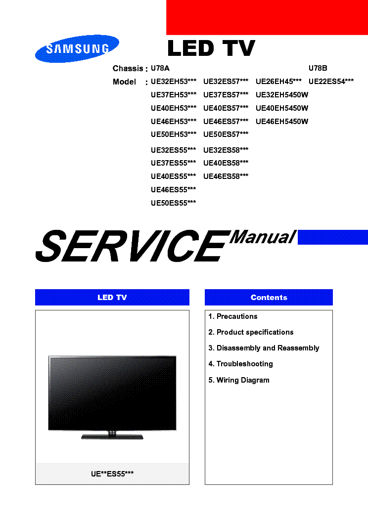 SAMSUNG UE22-26-32-37-40-46-50EH53-EH45-ES54-ES55-ES57-ES58XXX EH5450W CHASSIS U78A U78B service manual (1st page)