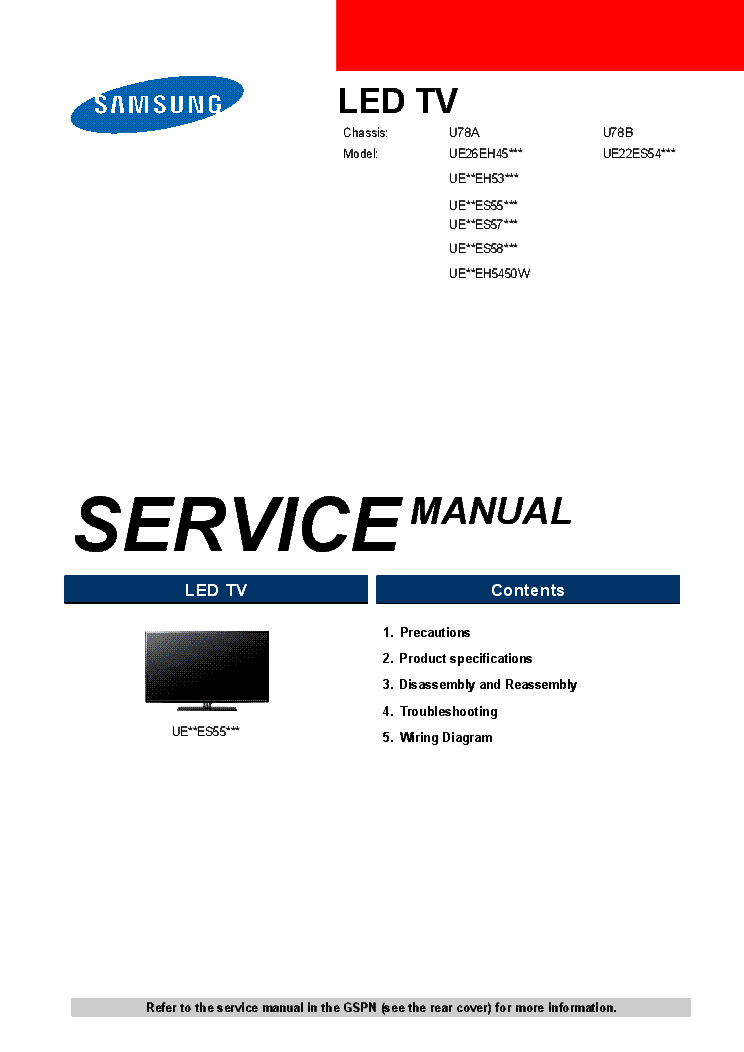 SAMSUNG UE26EH45XXX UEXXEH5450W CHASSIS U78A UE22ES54XXX CHASSIS U78B service manual (1st page)