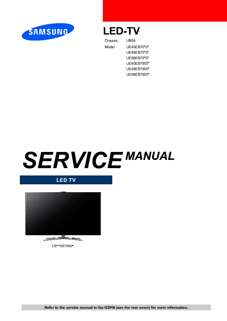 SAMSUNG UE40ES70XX UE46ES70XX UE55ES70XX UE40ES7500 UE46ES7500 UE55ES7500 CHASSIS U80A service manual (1st page)