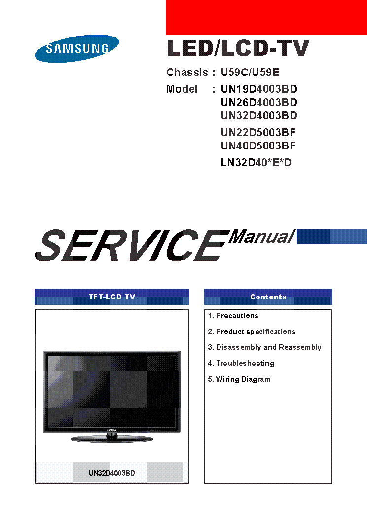 SAMSUNG UN19D4003BD 26D4003BD UN32D4003BD UN22D5003BF UN40D5003BF LN32D40 E D CHASSIS U59C U59E SM service manual
