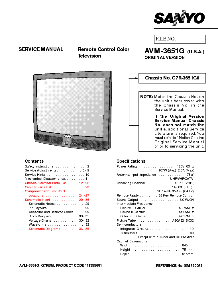 SANYO AVM-3651G CHASSIS G7R-3651G0 SM service manual (1st page)
