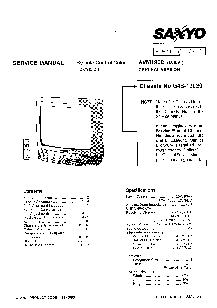 SANYO AVM1902 CHASSIS G4S-19020 SM service manual (1st page)