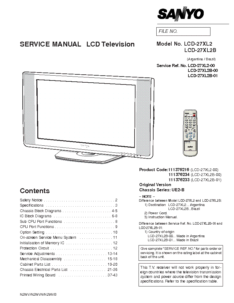 SANYO CHASSIS UE2-B LCD-27XL2 B SM service manual (1st page)