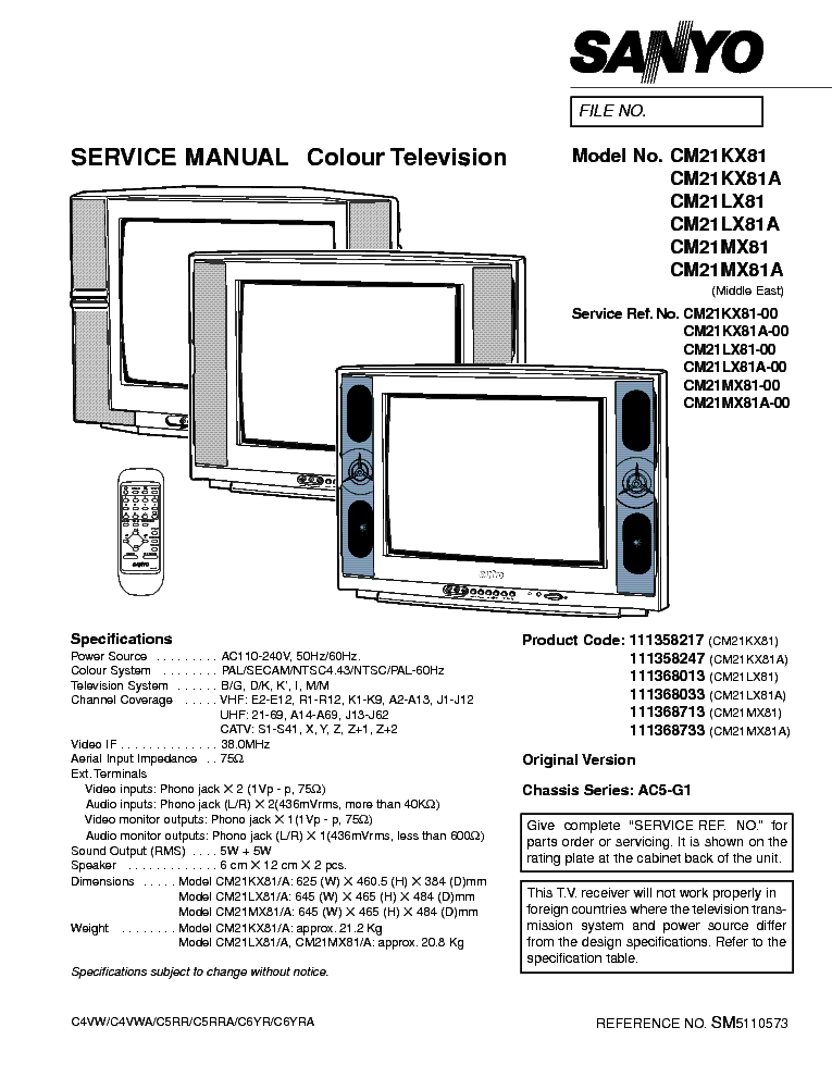 SANYO CM21KX81 1LX81 MX81 CHASSIS AC5-G1 SM service manual (1st page)
