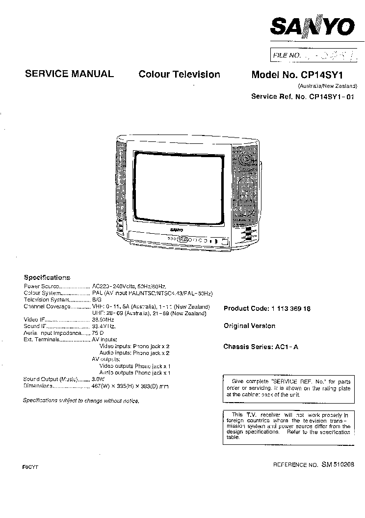 SANYO CP14SY1 CHASSIS AC1-A SM service manual (1st page)