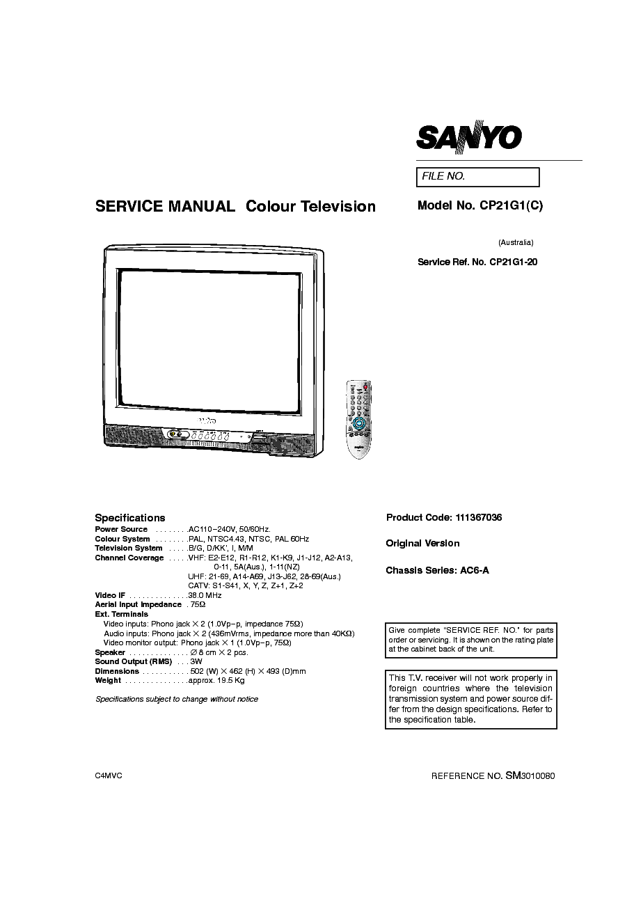 SANYO CP21G1-C CHASSIS AC6-A SM Service Manual download, schematics ...