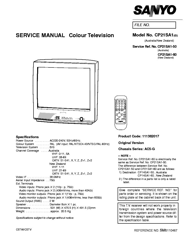 SANYO CP21SA1-G CHASSIS AC5-G SM service manual (1st page)