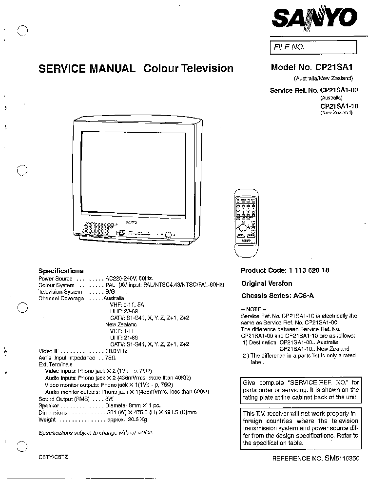 SANYO CP21SA1 CHASSIS AC5-A SM service manual (1st page)