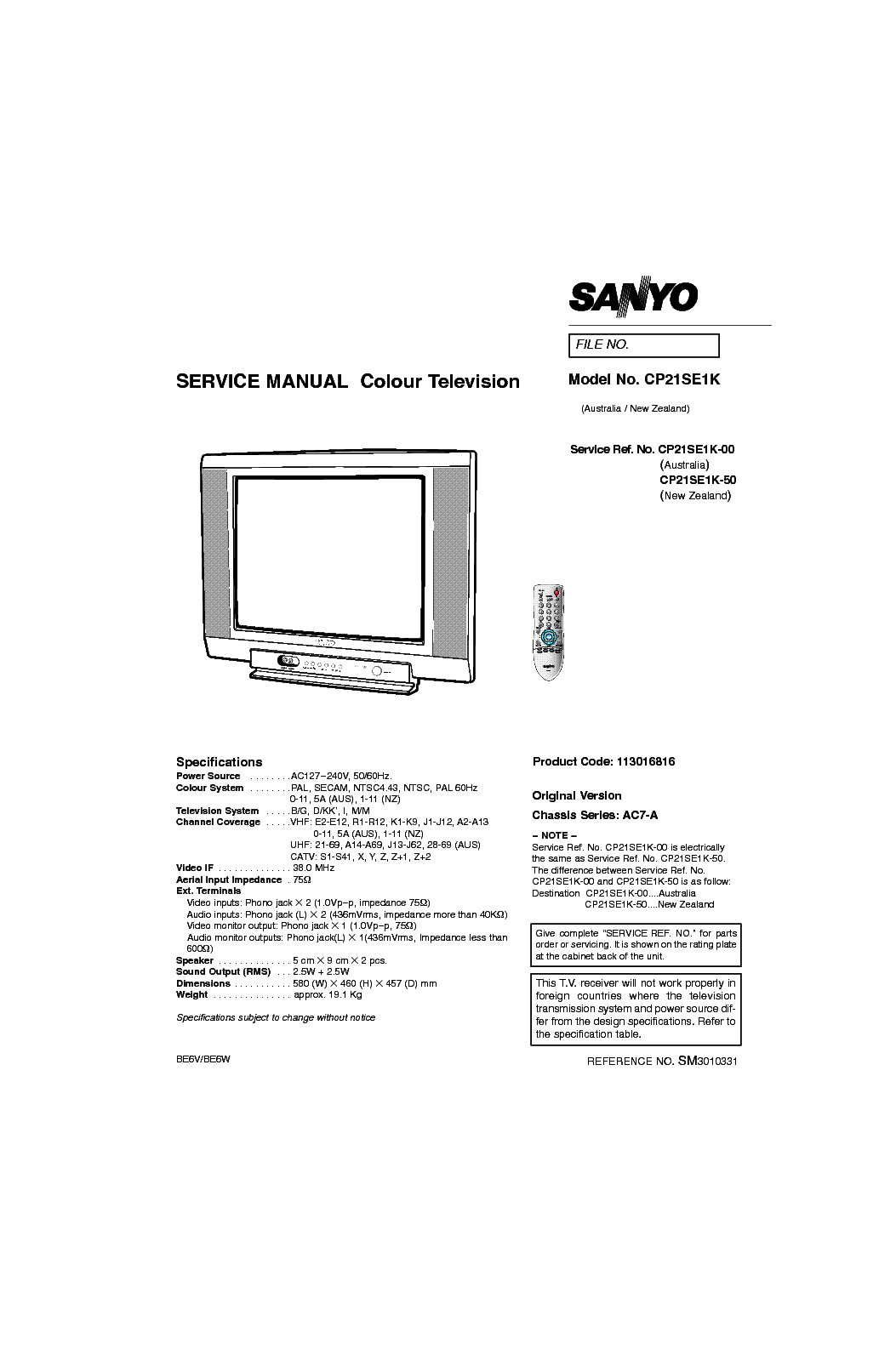 SANYO CP21SE1-K CHASSIS AC7-A SM service manual (1st page)