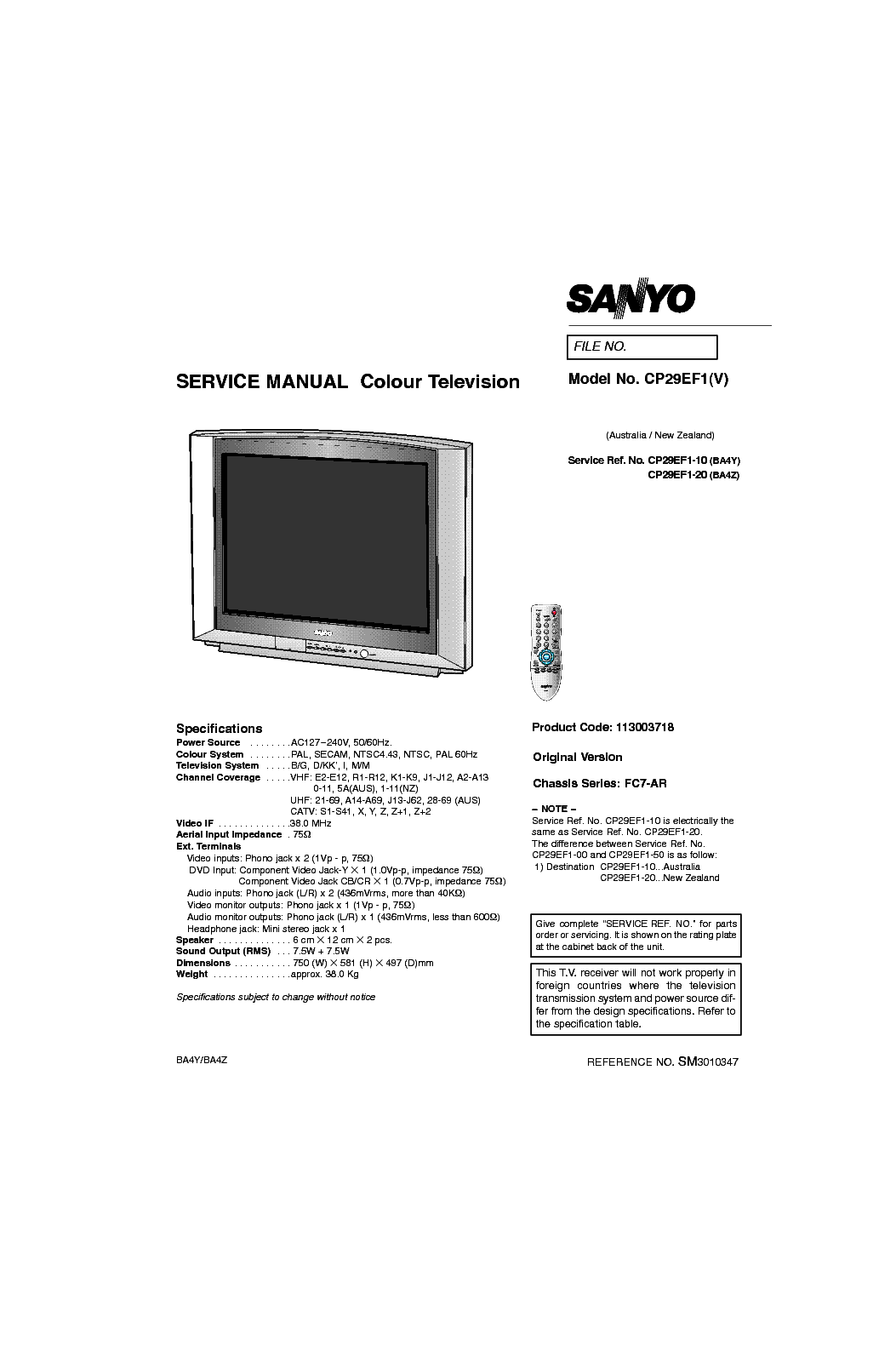 SANYO CP29EF1-V CHASSIS FC7-AR SM service manual