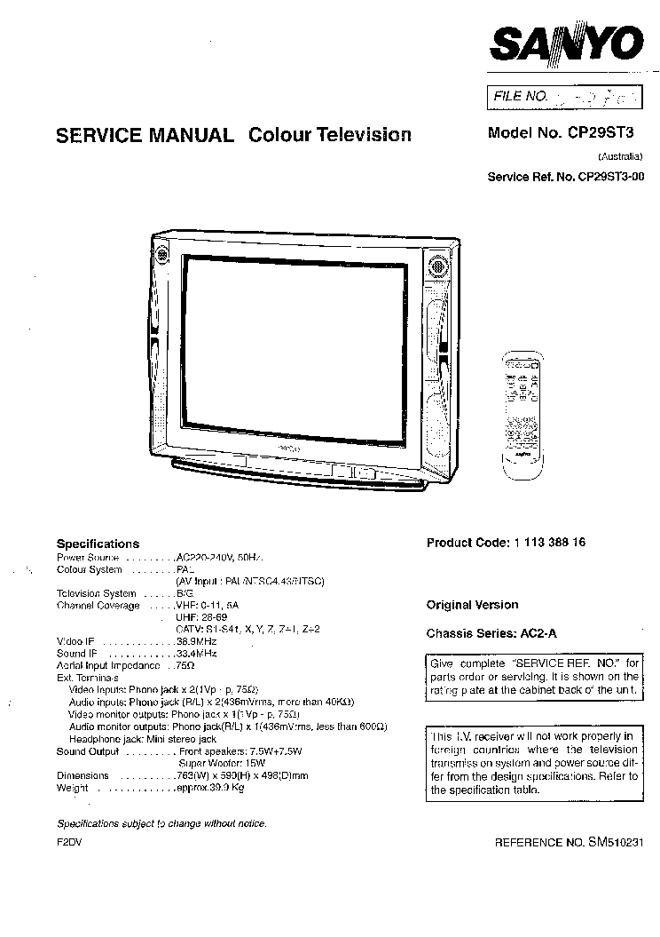 SANYO CP29ST3 CHASSIS AC2-A SM service manual (1st page)