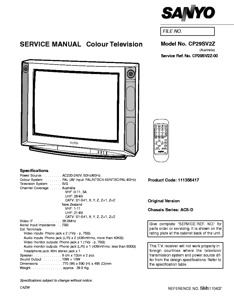 SANYO CP29SV2-Z CHASSIS AC5-D SM service manual (1st page)