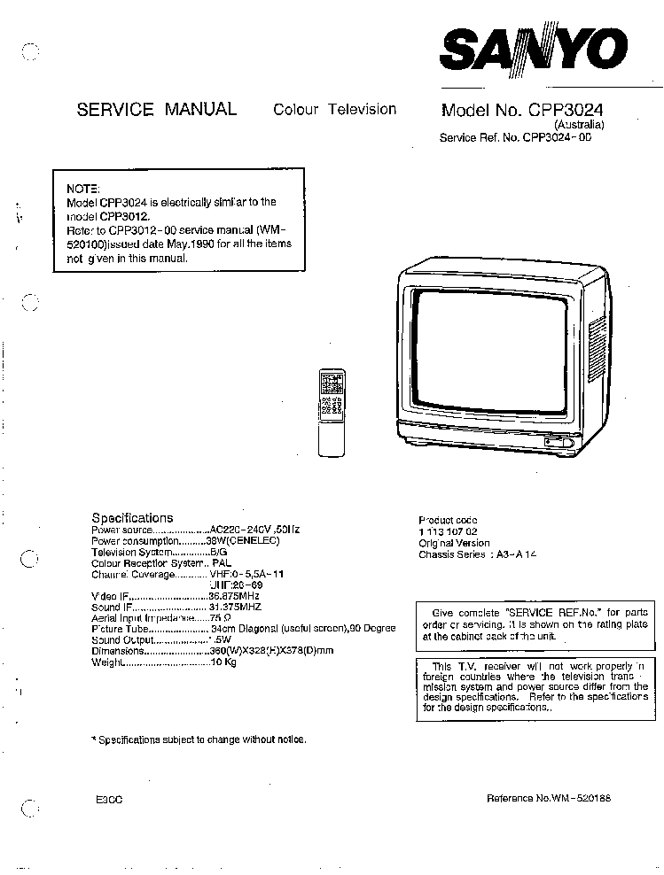 SANYO CPP3024 CH A3-A14 service manual