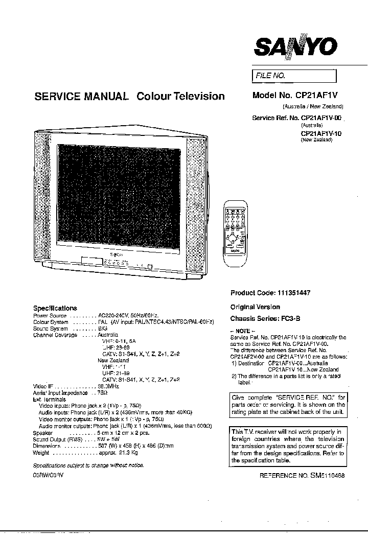 SANYO FC3B CHASSIS CP21AF1V service manual (1st page)