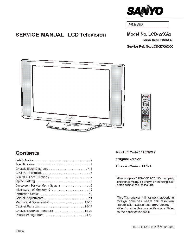 SANYO LCD-27XA2-00 CHASSIS-UE2-A SM service manual (1st page)