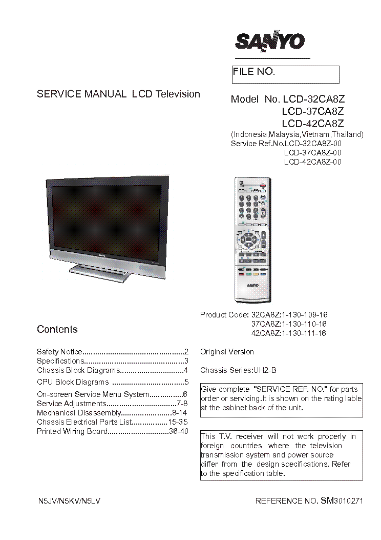 SANYO LCD-32CA8Z CHASSIS UH2-B SM service manual (1st page)