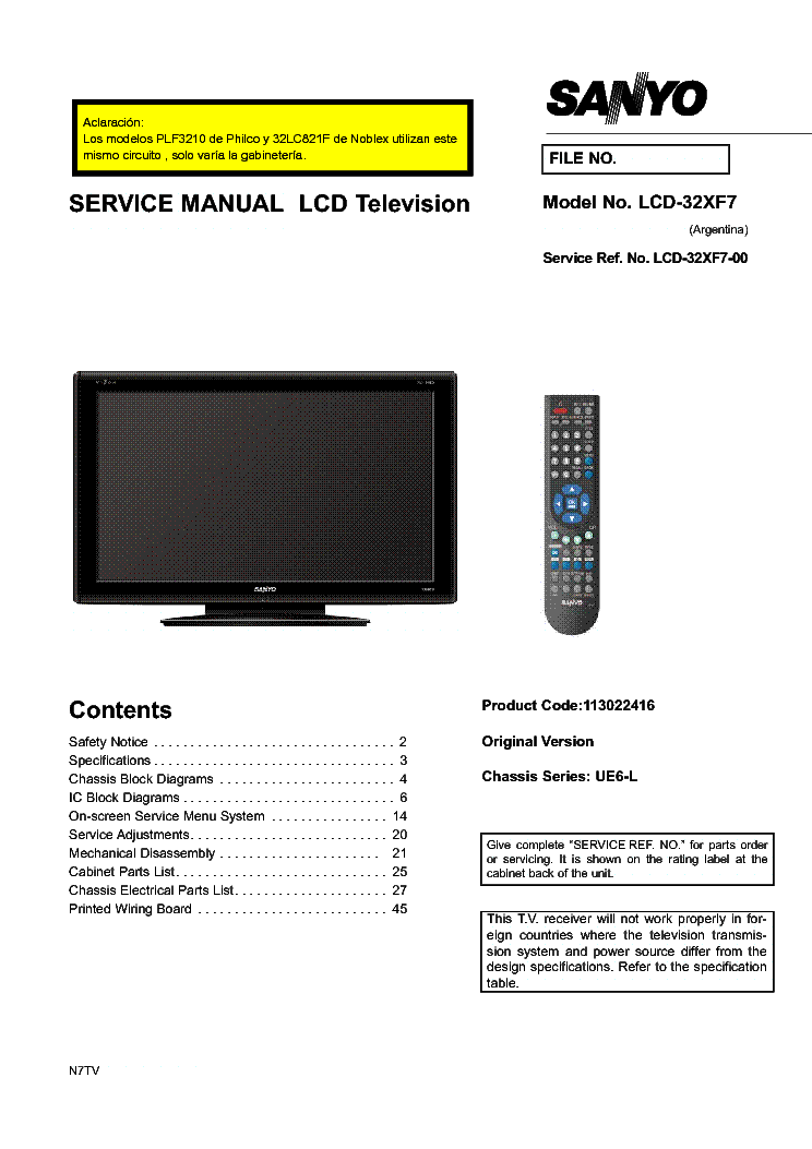 SANYO LCD-32XF7 CHASSIS UE6-L service manual (1st page)