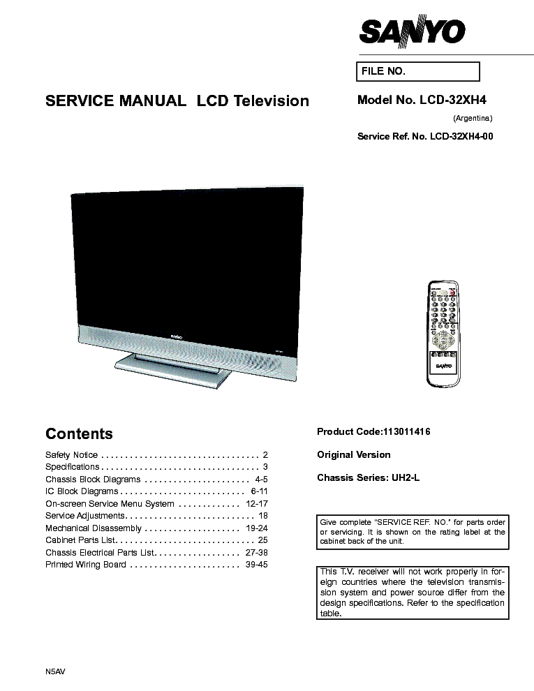 SANYO LCD-32XH4 CHASSIS UH2-L SM service manual (1st page)