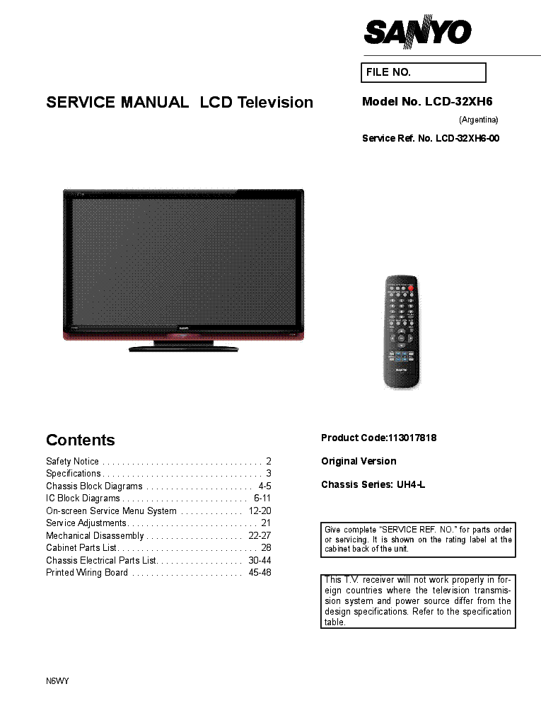 SANYO LCD-32XH6 CHASSIS UH4-L service manual (1st page)