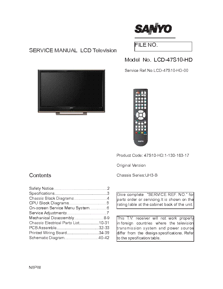SANYO LCD-47S10-HD CHASSIS UH3-B SM service manual (1st page)
