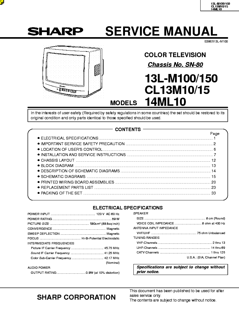 SHARP 13L-M100-150,CL13M10-15,14ML10 SM service manual (1st page)