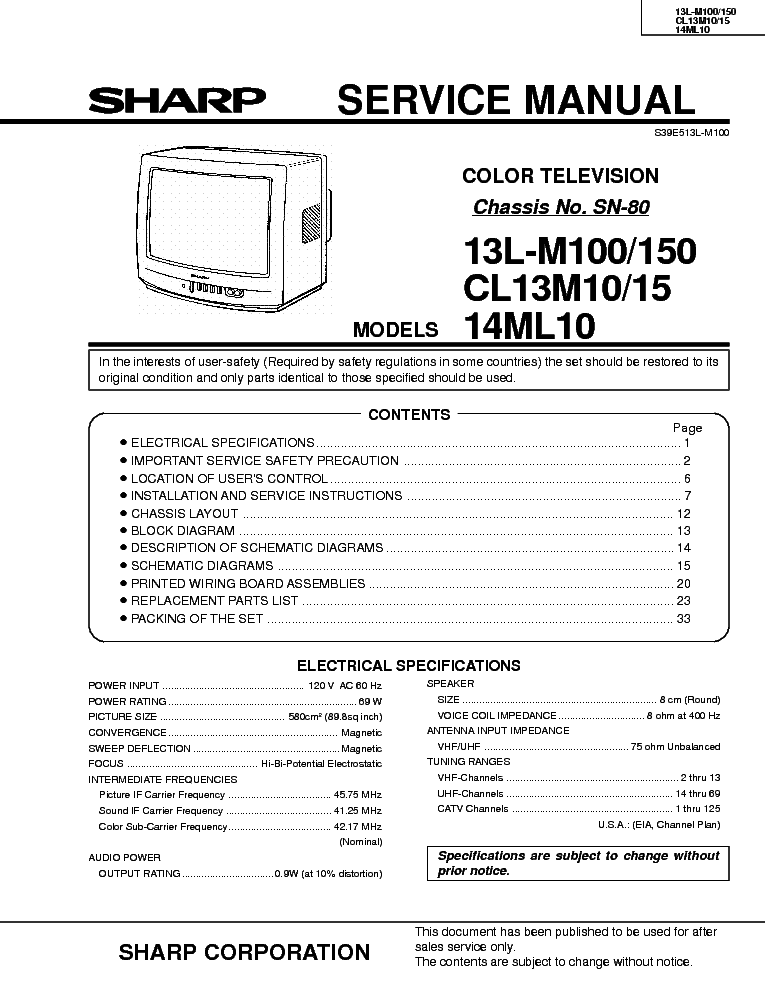 SHARP 13L-M100-M150 CL13M10-M15 14ML10 CHASSIS SN-80 service manual (1st page)