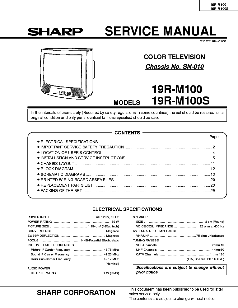 SHARP 19RM100 service manual (1st page)