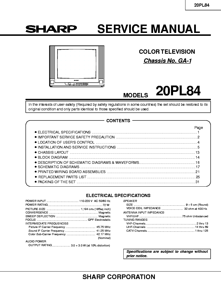 SHARP 20PL84 CHASSIS GA-1 service manual (1st page)
