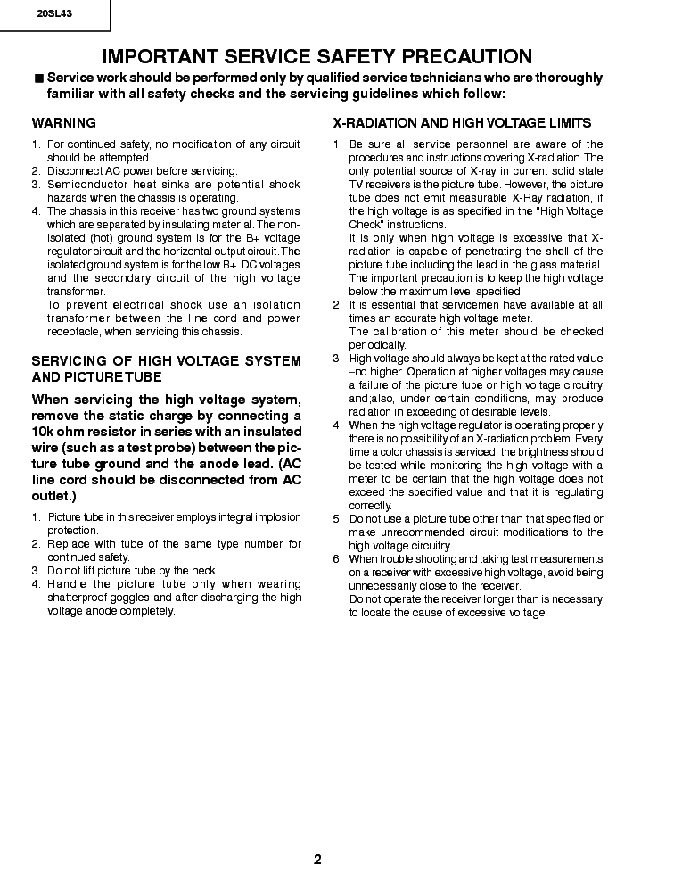 SHARP 20SL43 CHASSIS MSA SM service manual (2nd page)